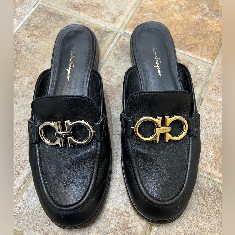 Ferragamo Black Slide Loafers with adjustable Gold/ Silver logo